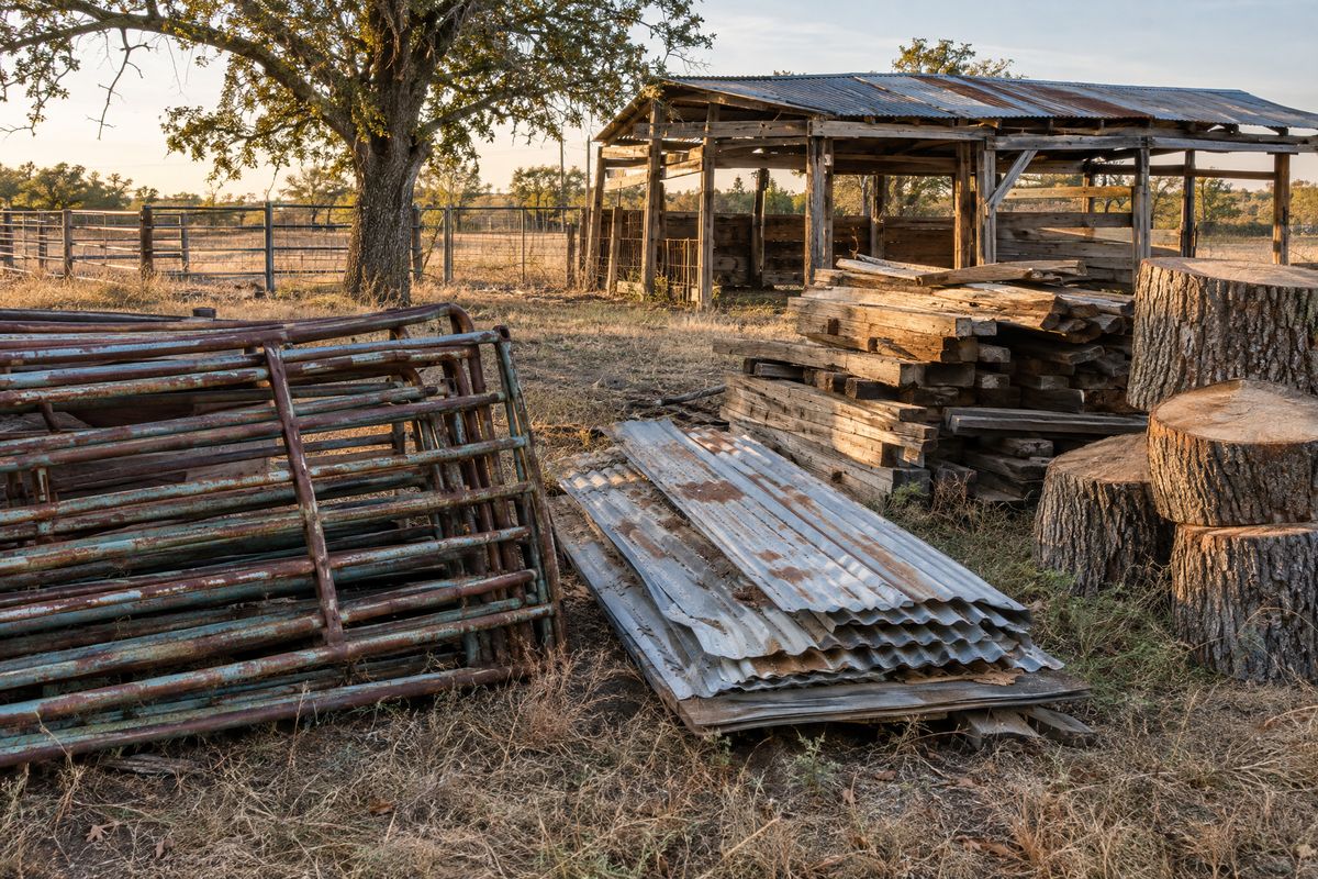 Old pipe-rail panels, corrugated tin sheets and weathered lumber from a dismantled horse shelter, with a pecan trunk cut into rounds nearby