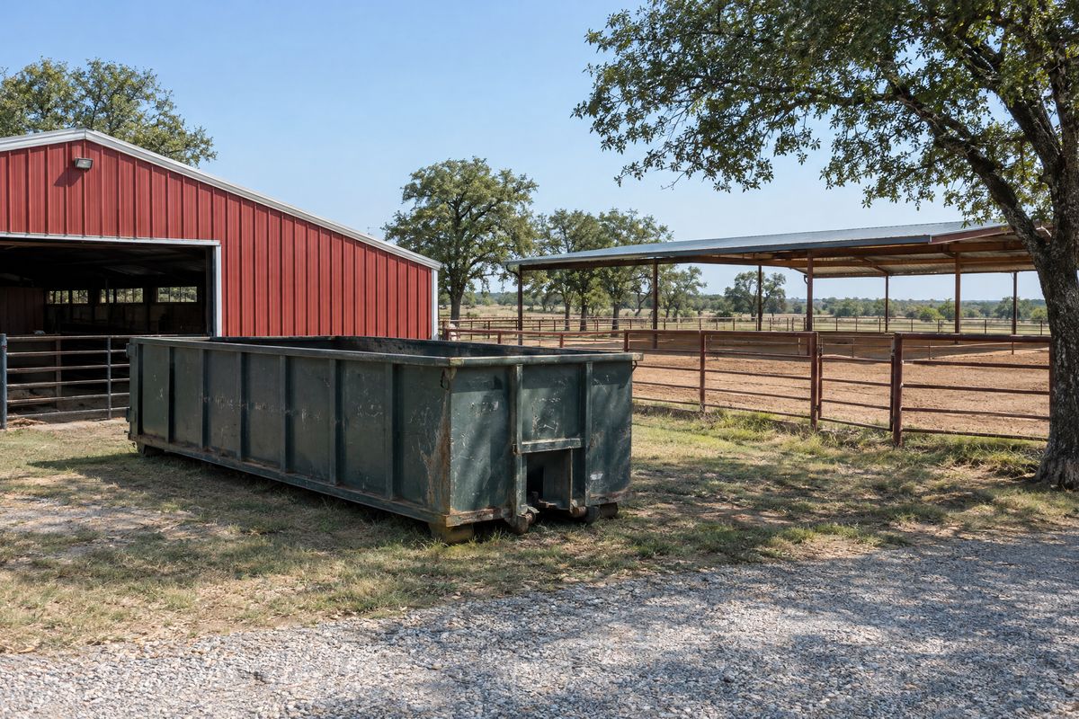 A roll-off container on firm ground beside a red metal horse barn, pipe-rail fencing and a riding arena