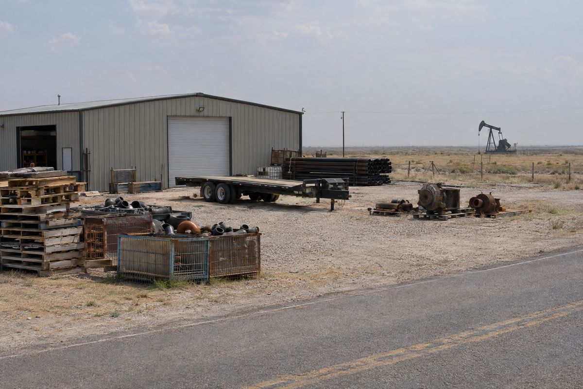 Stacked pallets, bins of pipe fittings and a flatbed trailer in the gravel yard of a metal shop building, with a pumpjack on the horizon