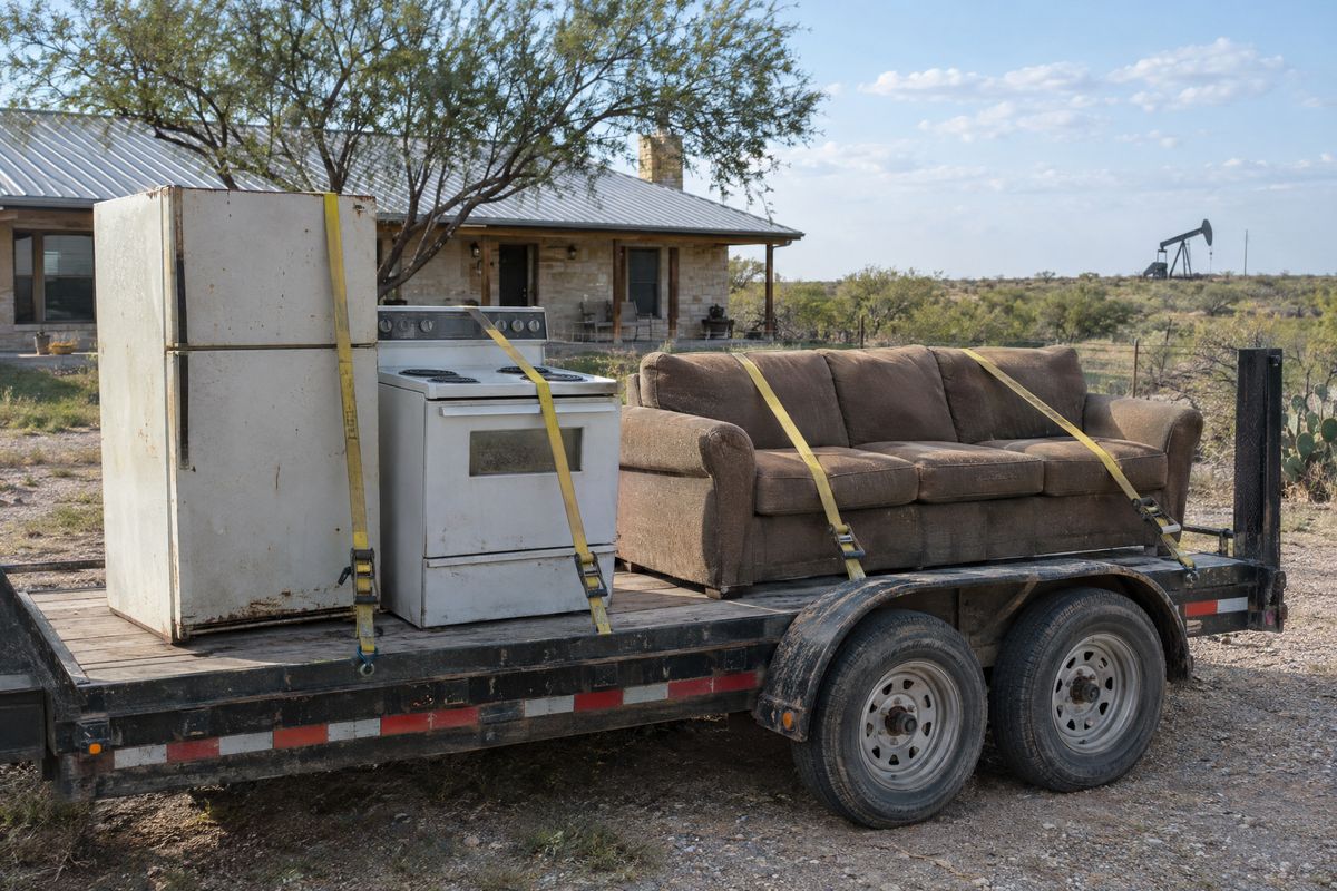 An old refrigerator, a stove and a sofa strapped onto a flatbed trailer in front of a ranch house, with a pumpjack in the distance