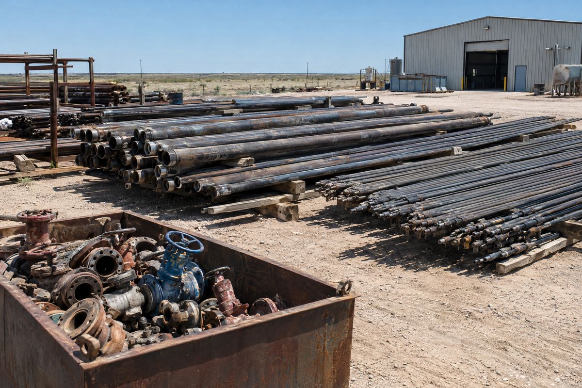Racks of used steel tubing and sucker rods on wooden dunnage beside a bin of old valves and fittings in a pipe yard