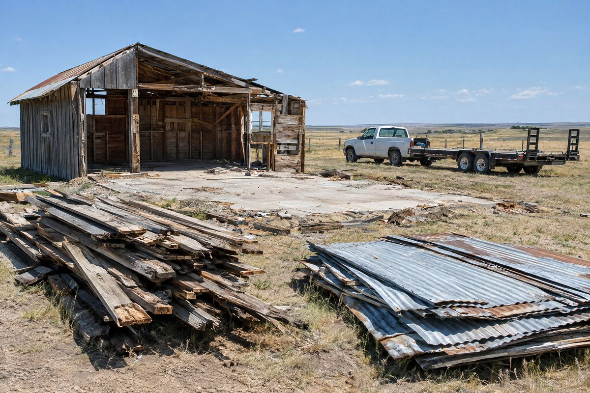 Weathered boards and corrugated tin stacked in separate piles beside the exposed slab of a dismantled ranch outbuilding