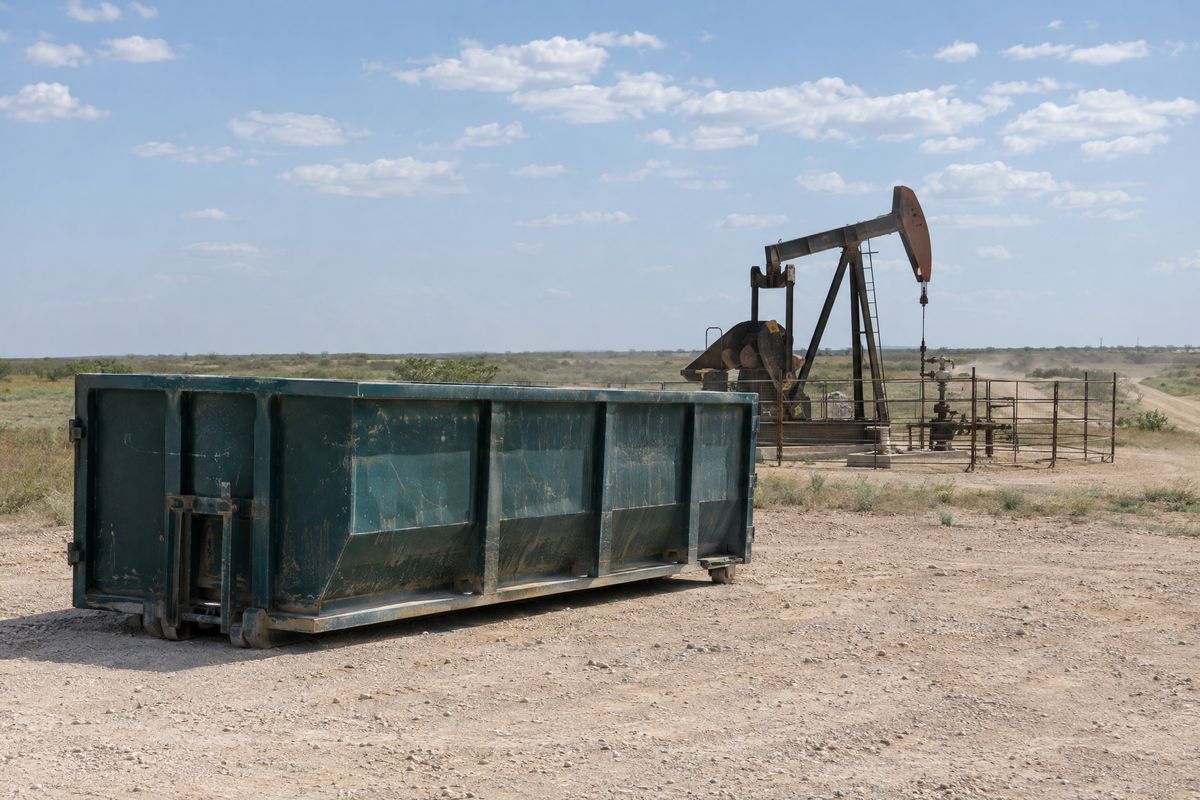 A roll-off container on a caliche lease pad, with a pumpjack and a fenced wellhead behind it