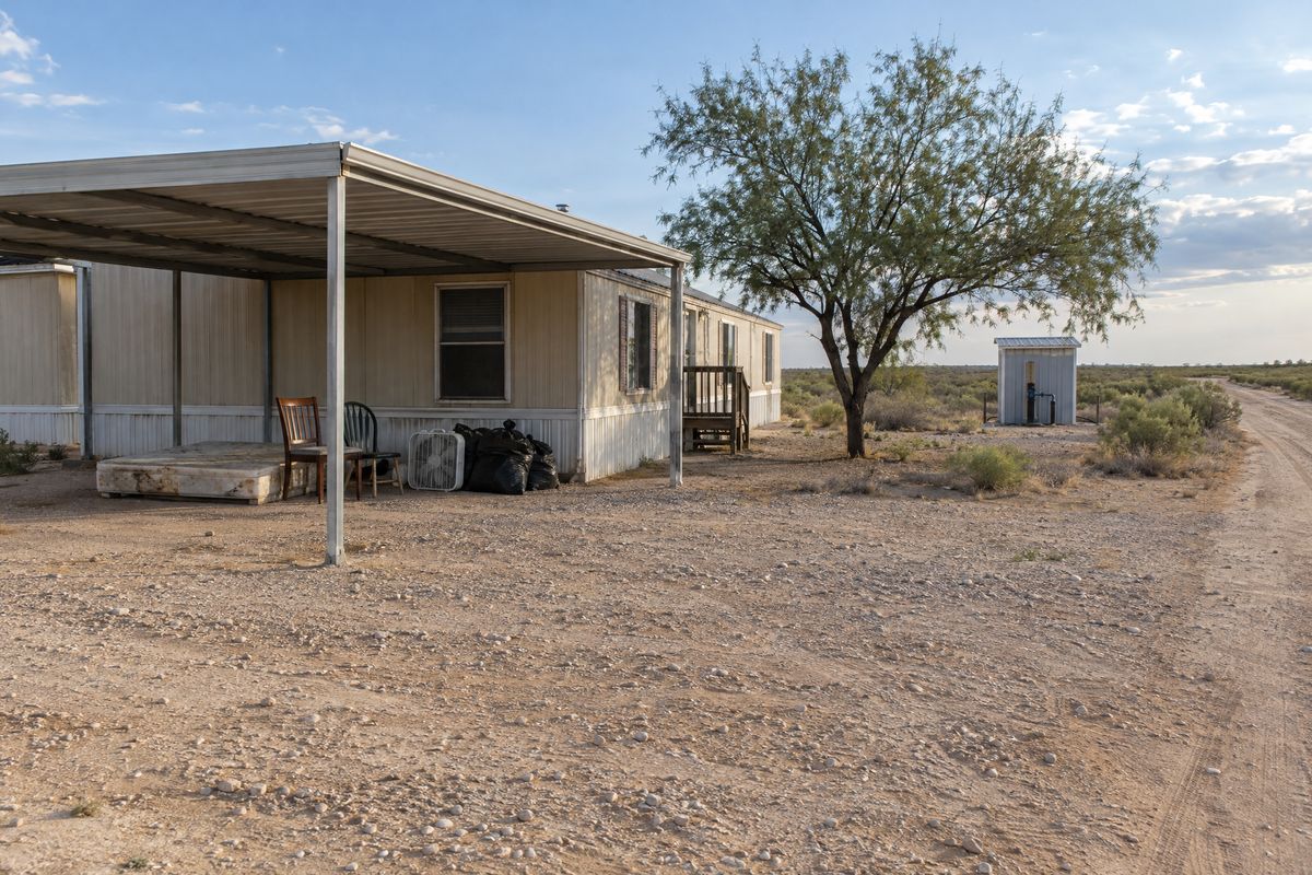 A mattress, chairs, a box fan and trash bags under the metal carport of a manufactured home on a large caliche lot