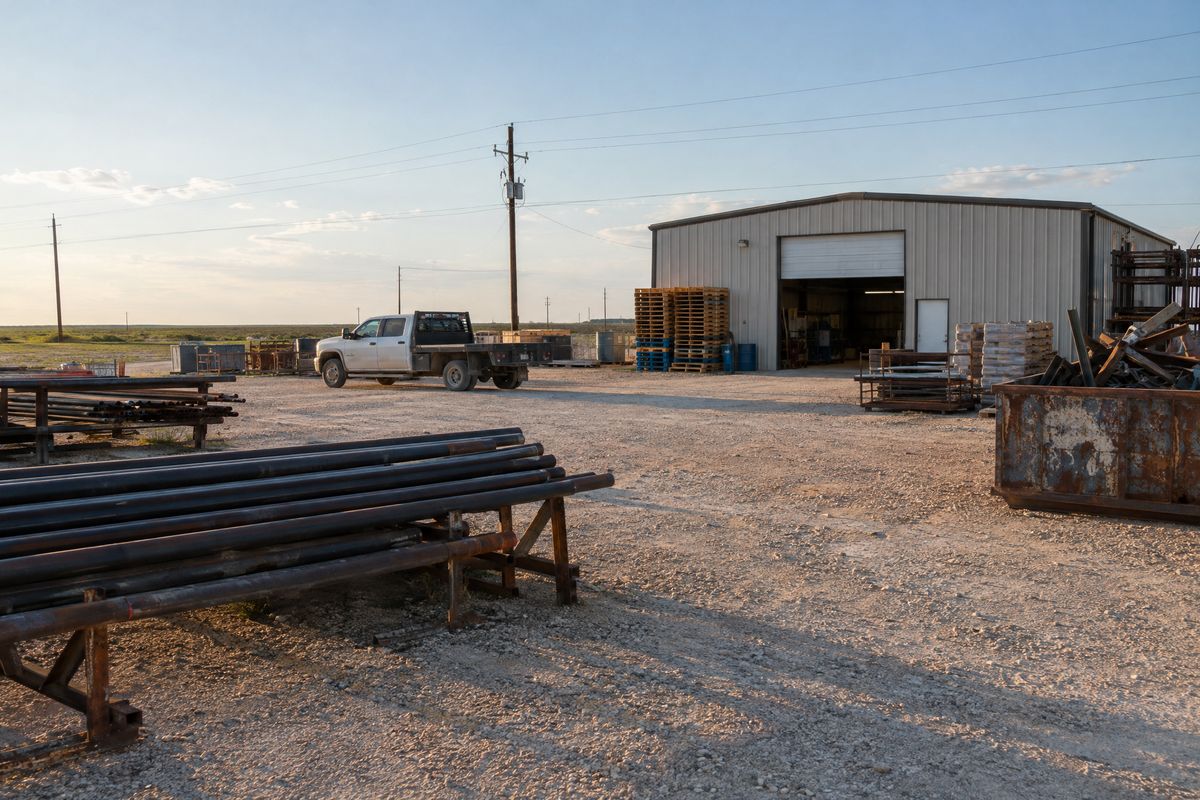 Steel pipe on low racks, stacked pallets and a scrap metal bin beside a metal shop building on a caliche contractor yard
