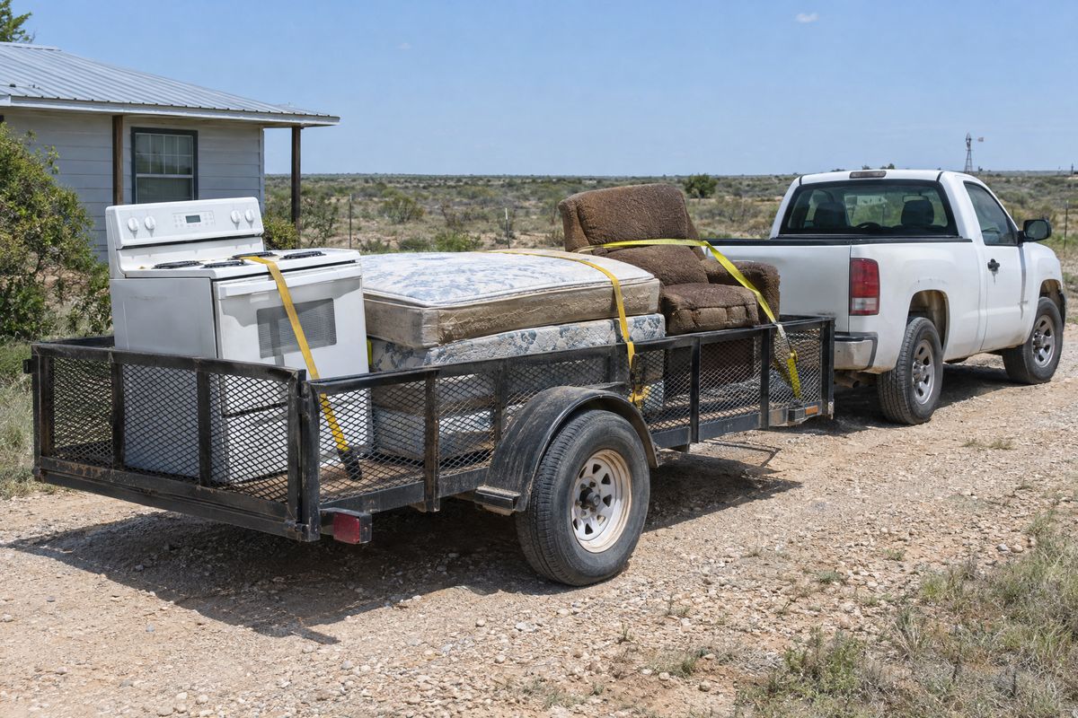 A white range, a mattress set and an armchair strapped into a mesh utility trailer hitched to a pickup on a caliche driveway